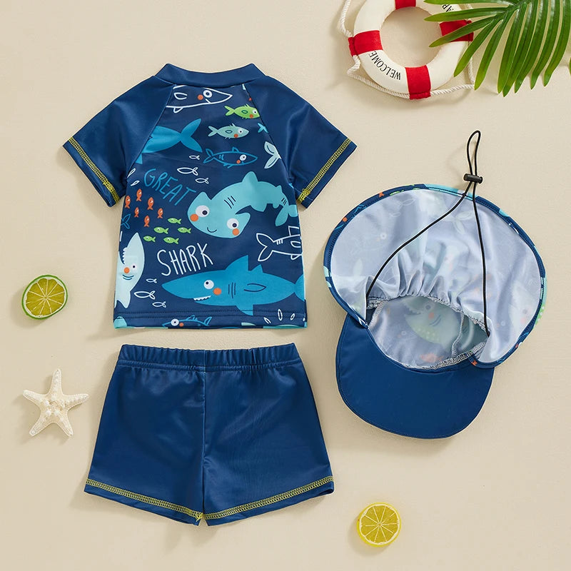 Savelie™ Baby Boys Rash Guard Set  Short Sleeve Shark/Dolphin Print with Shorts Hat