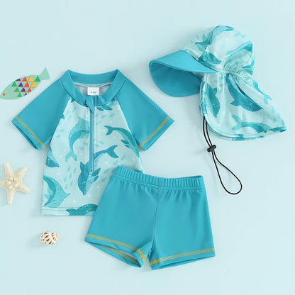 Savelie™ Baby Boys Rash Guard Set  Short Sleeve Shark/Dolphin Print with Shorts Hat